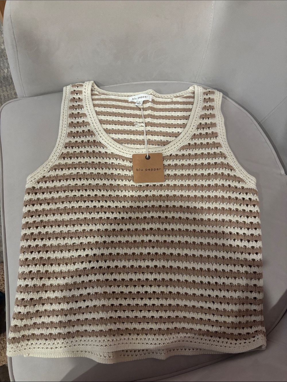 Blu Pepper Crochet Stripe Tank Top - Cream & Tan
